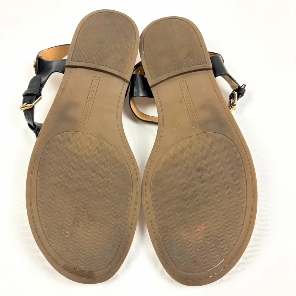 Tommy Hilfiger Black Leather Thong Sandals Gold Logo Size 10M - Picture 8 of 8